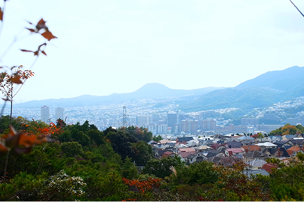 가부토야마 산이 멀리 보이는 고텐야마 산 주택가 부근의 내리막길.