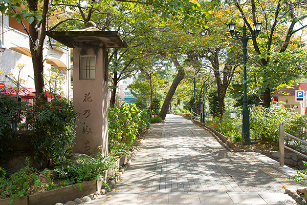 Stone lantern at the entrance to Hanano-michi